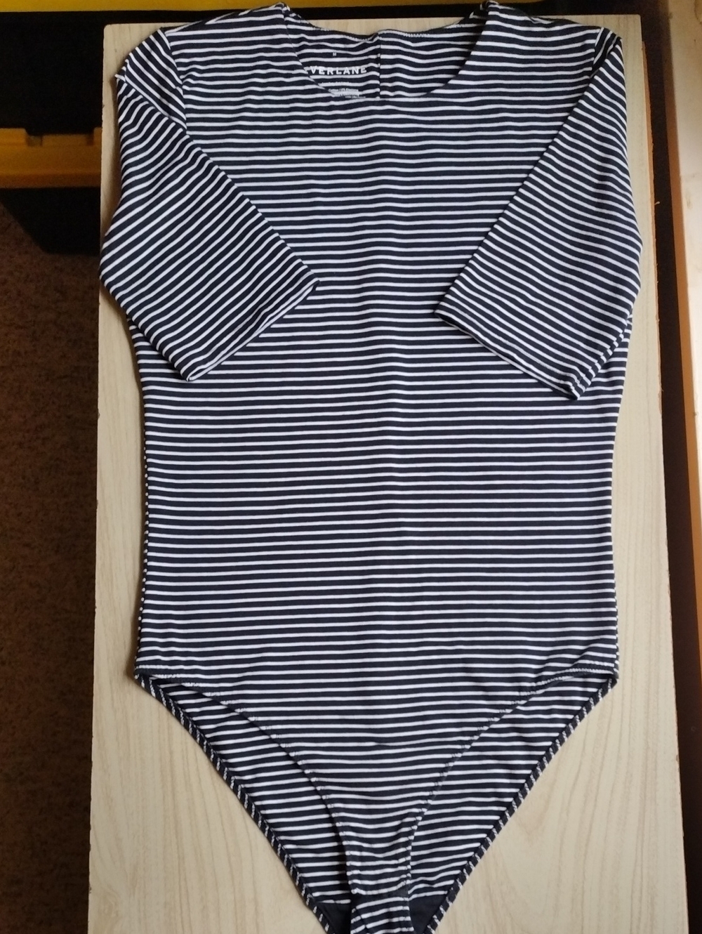 Everlane Black and White Striped Short Sleeve Crew Neck Bodysuit Size M